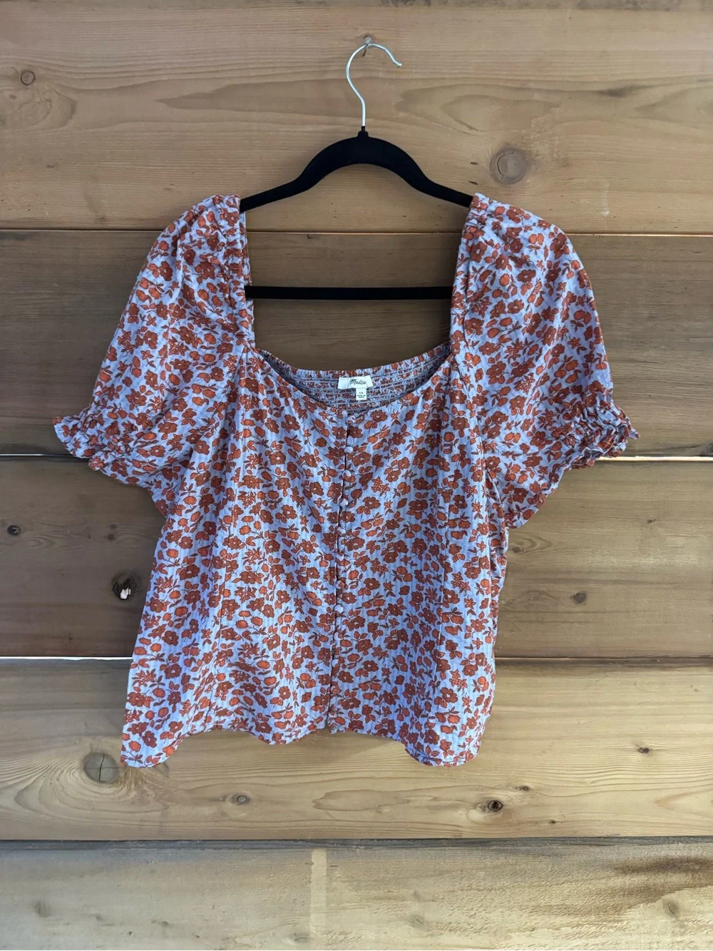Madewell Light Blue and Rust Floral Puff-Sleeve Square-Neck Top